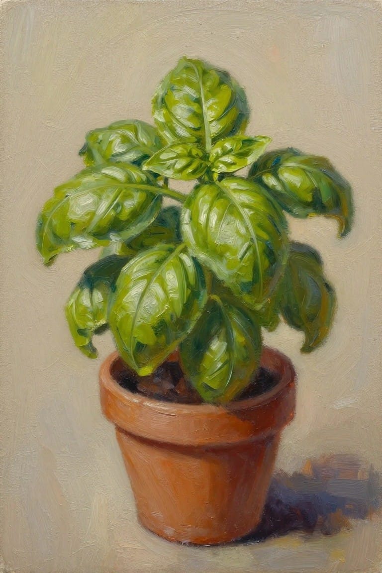 Oil painting of a lush basil plant in a terracotta pot against a beige background with soft shadows.