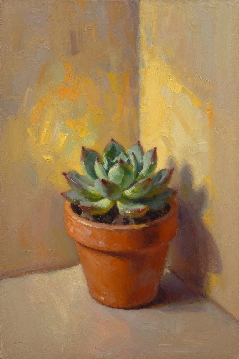 Oil painting of a green rosette succulent with red leaf tips in a terracotta pot, placed in a yellow-lit corner with soft shadows.
