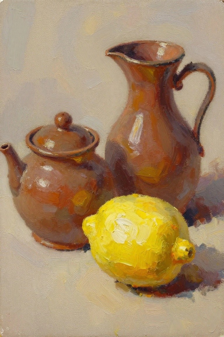 Oil painting of a brown teapot, brown pitcher, and yellow lemon arranged on a light neutral background with soft shadows.