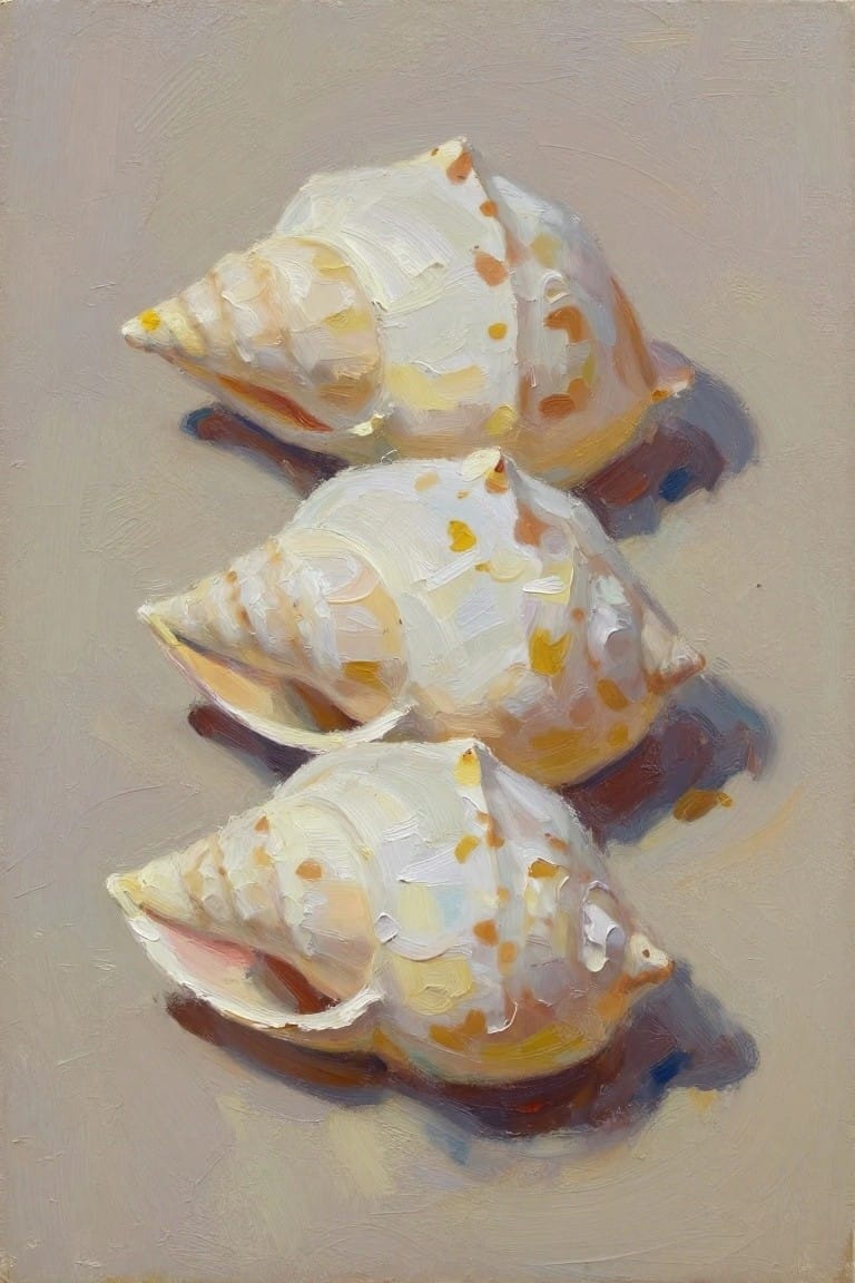 Oil painting of three white conch shells with yellow and orange spots stacked on a beige background.