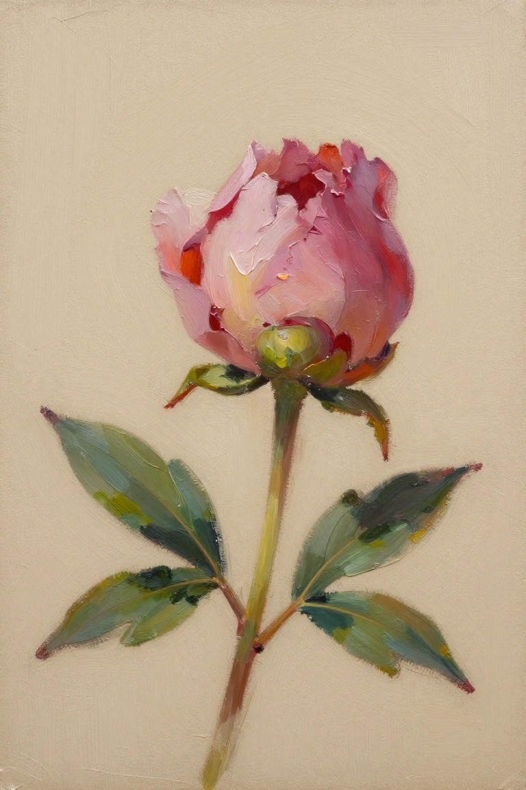 Oil painting of a pink rosebud on a thin stem with green leaves against a beige background.