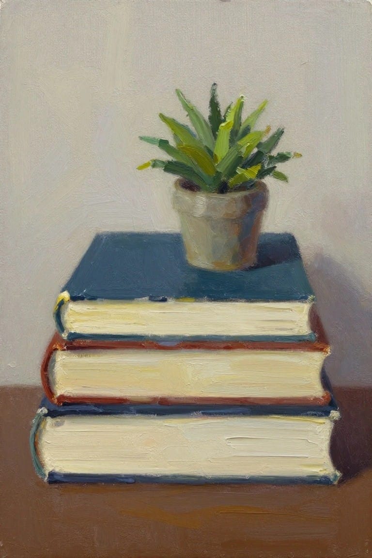 Oil painting of three stacked books in navy, tan, and cream with a small potted green succulent on top, on a brown surface against a light gray background.