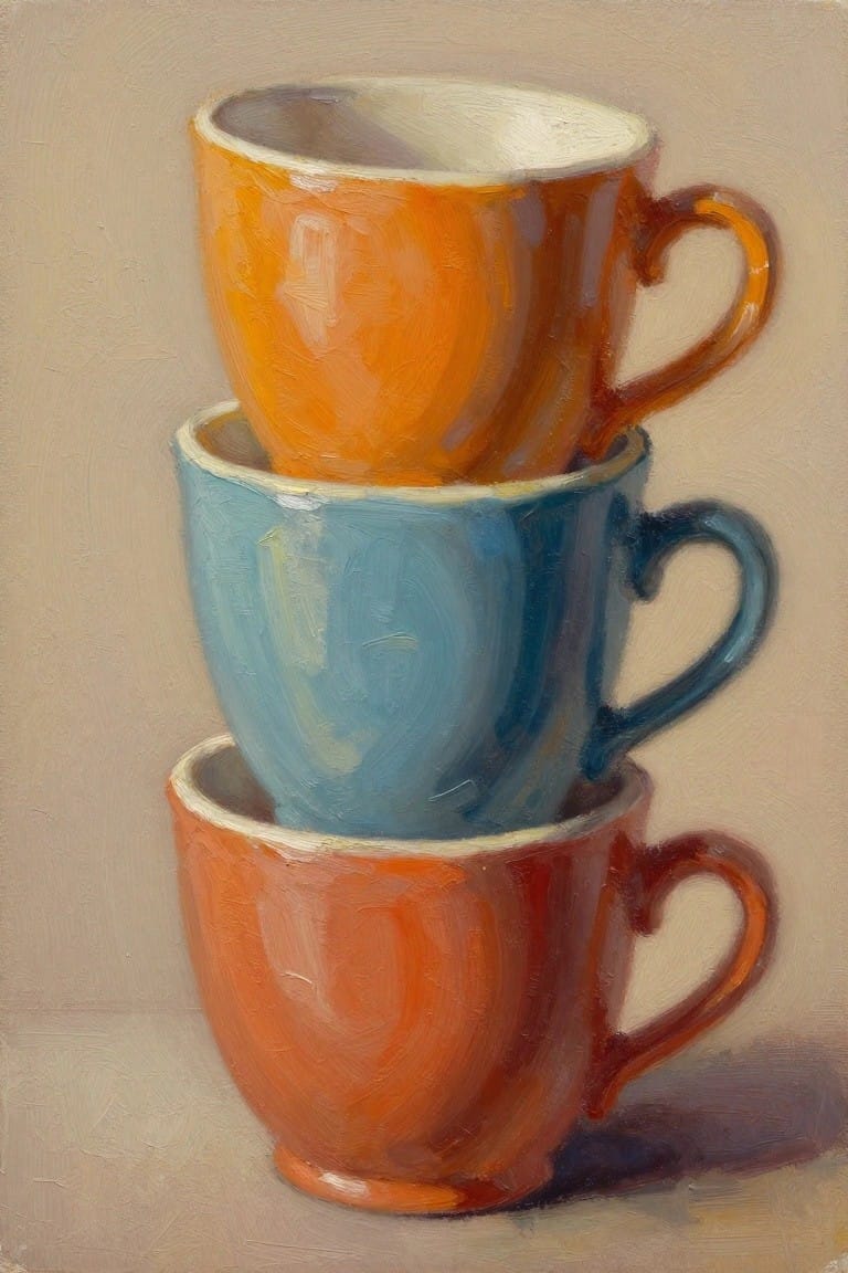 Oil painting of three vertically stacked ceramic cups in orange, blue, and orange against a neutral background.