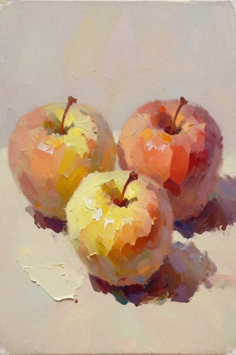 Oil painting of three textured apples in yellow, peach, and red hues arranged on a pale background with soft shadows.