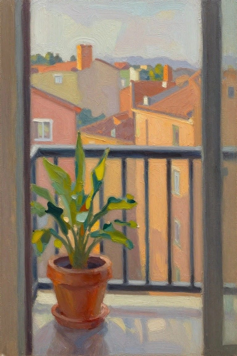 Oil painting depicting a green potted plant on a balcony floor framing a golden-hour view of terracotta rooftops, buildings, and distant hills through black railing and open doors.