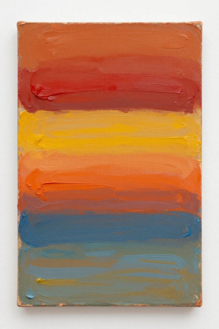 Oil painting on canvas with thick horizontal stripes transitioning from orange and red at the top to blue-gray at the bottom.