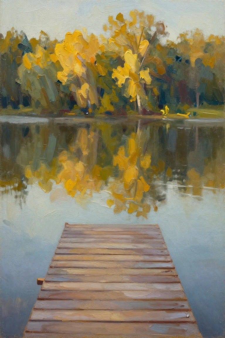 Oil painting of a wooden dock extending into a calm lake with yellow and orange autumn trees reflected in the water on the far shore.