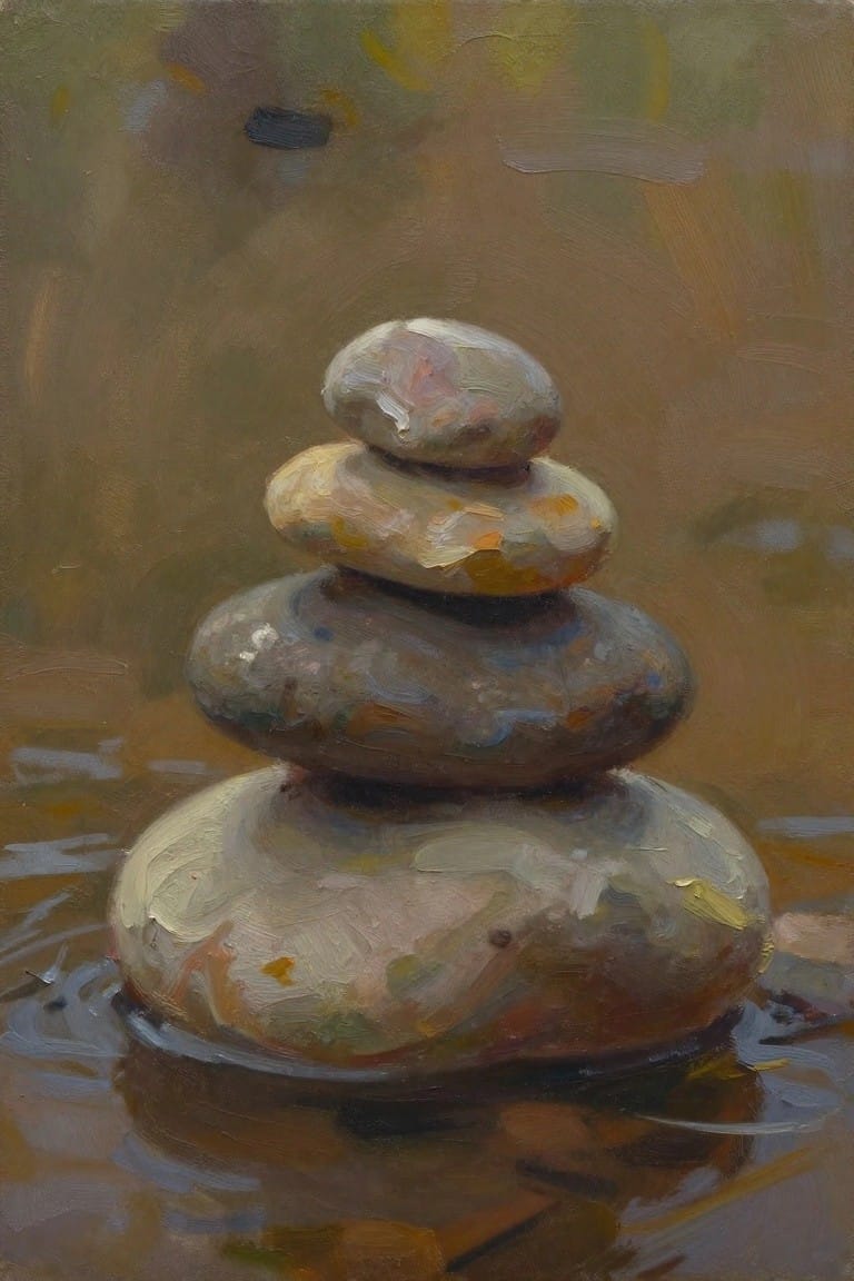 Oil painting of four smooth rounded stones stacked vertically in shallow brownish water with soft reflections and blurred background.