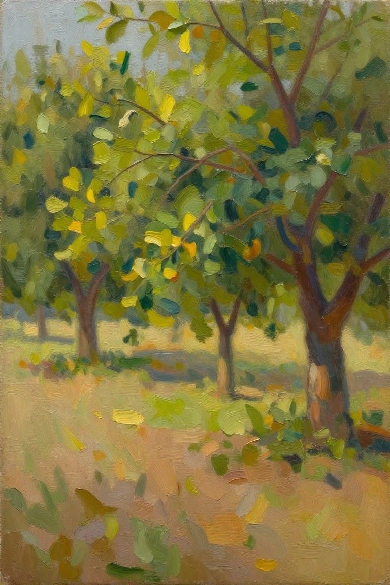 Oil painting of multiple citrus trees with green-yellow leaves, small oranges, and dappled sunlight on grassy ground.