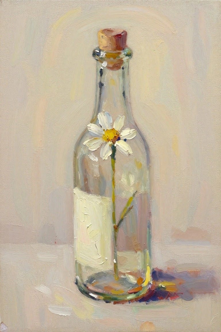 Oil painting of a white daisy with yellow center inside a clear corked glass bottle on a light beige surface.