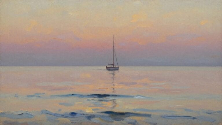 19 Simple Oil Painting Ideas That Feel Calm and Creative Oil painting of a white sailboat on calm water under a sunset sky, with the boat and colors reflected below.