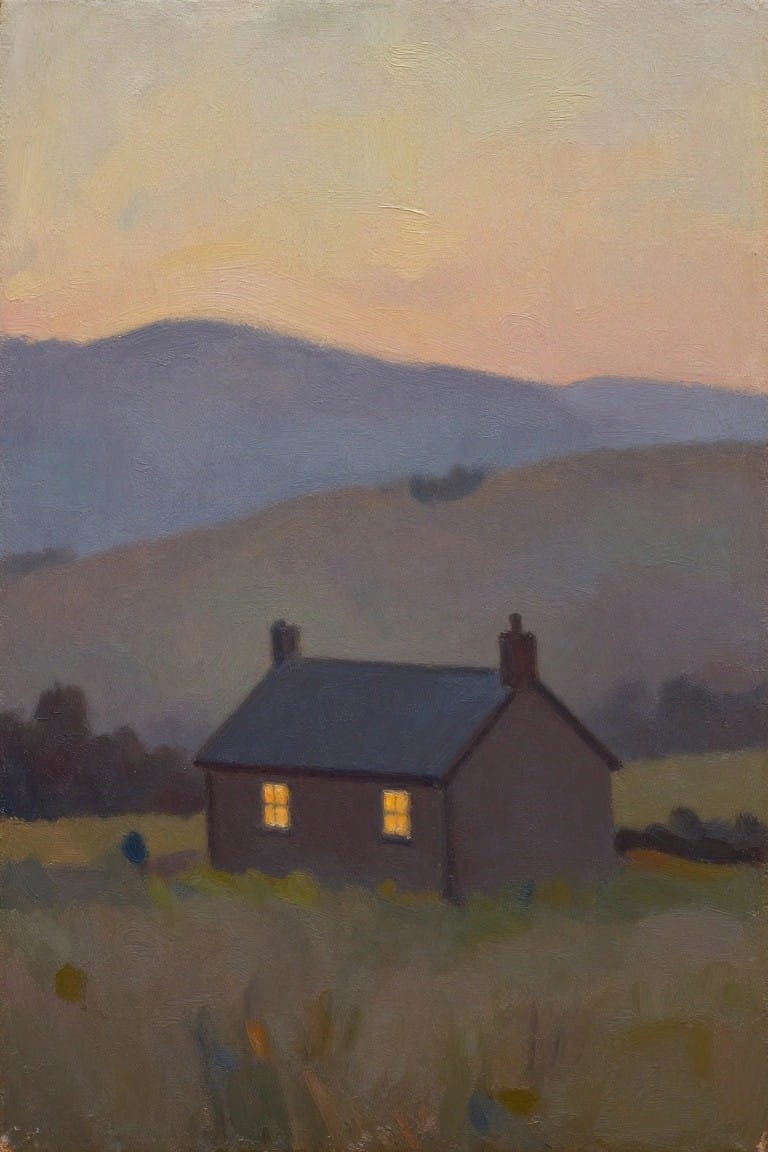 Oil painting of a dark cottage with a single lit yellow window in tall grass, rolling hills, and a twilight sky.