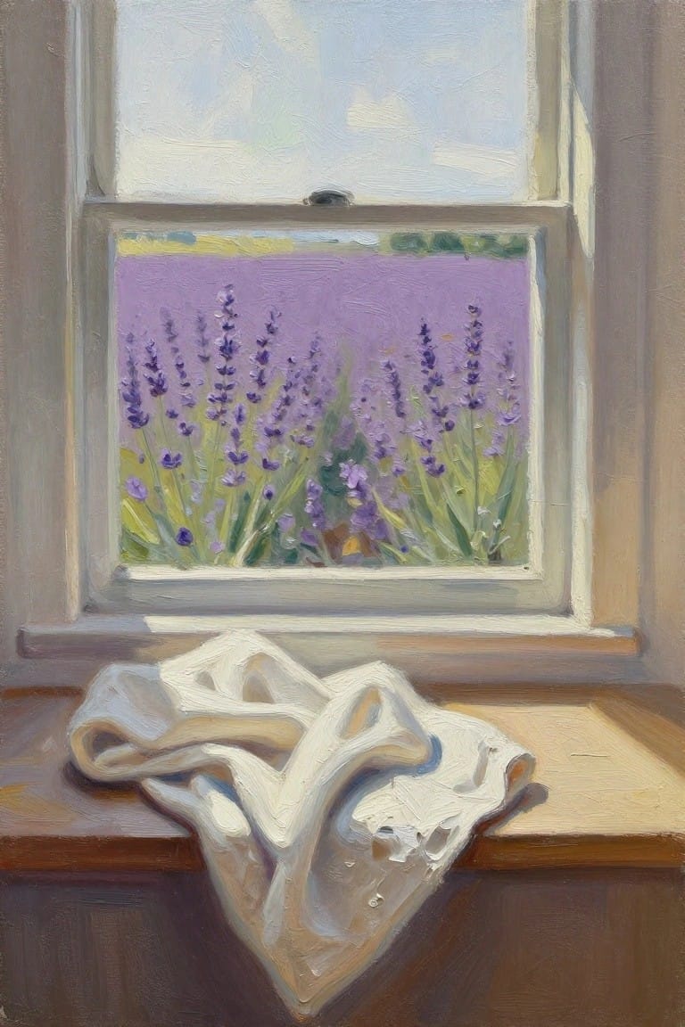 Oil painting of a white cloth draped over a wooden windowsill framing a view of purple lavender fields, green plants, and a blue sky through an open window.