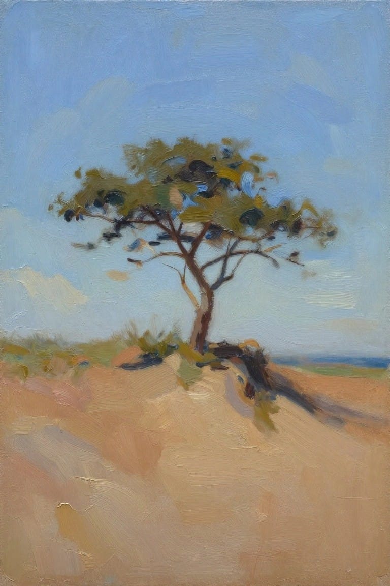 Oil painting of a single tree on a sandy dune overlooking a blue sky and distant sea.