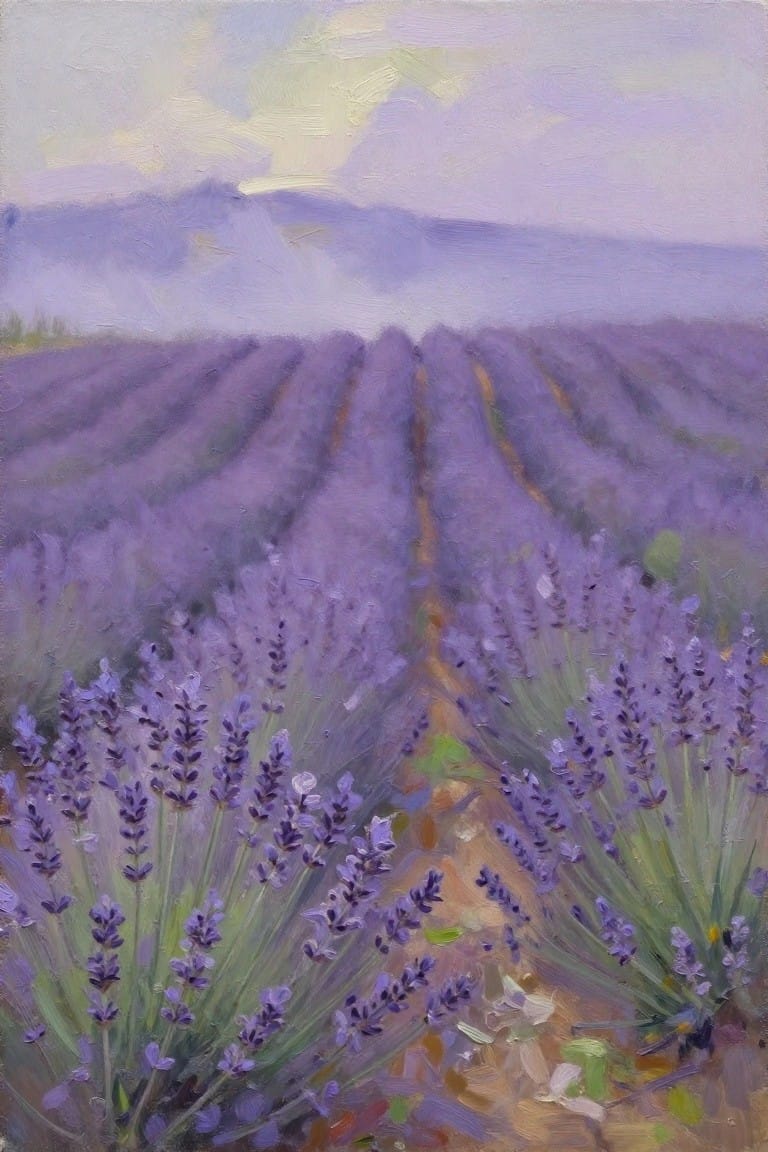 Oil painting of rows of purple lavender fields with a central path, misty purple mountains, and soft sky in the background.