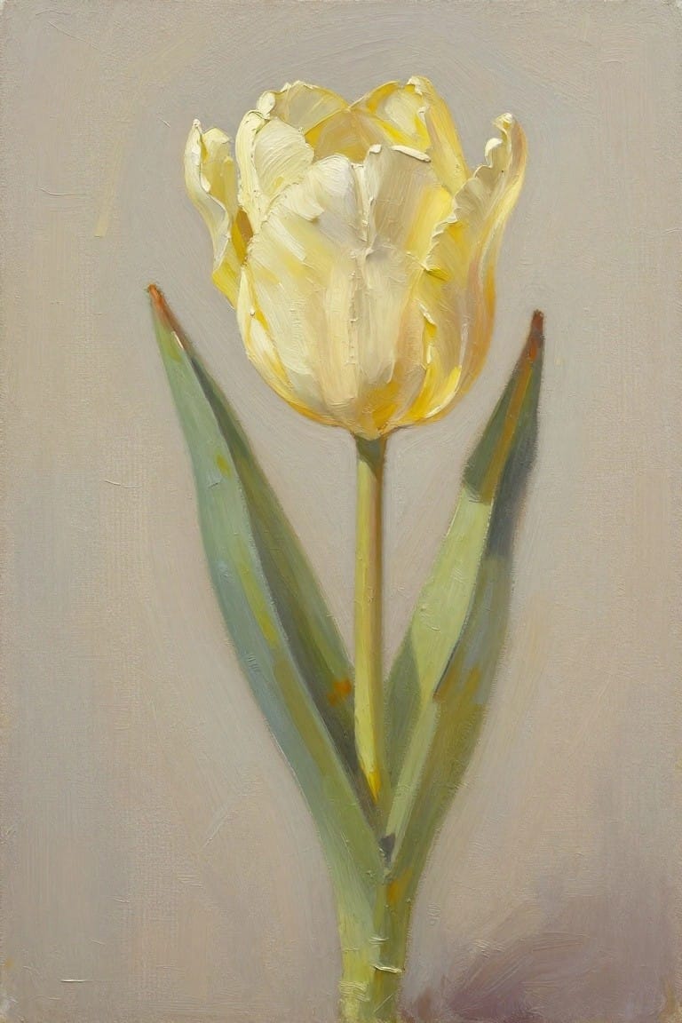 Oil painting of a single pale yellow tulip with two green leaves against a soft beige-gray background.