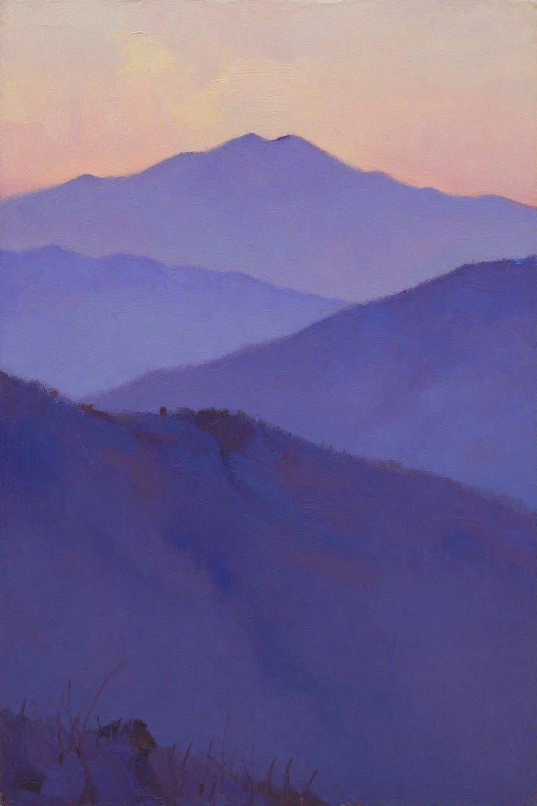 Oil painting of layered purple mountains under a pink sky with foreground grasses.