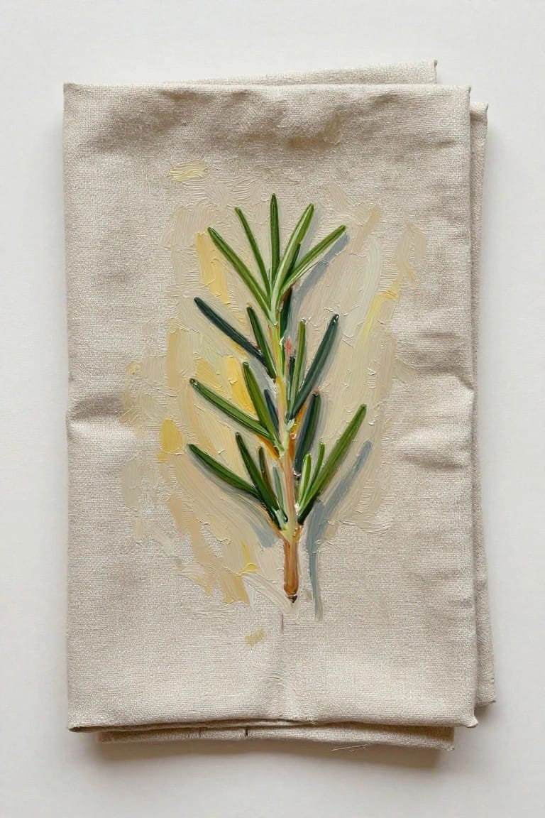 Beige linen cloth folded with an oil painting of a central rosemary sprig in greens over blended yellow-beige tones.