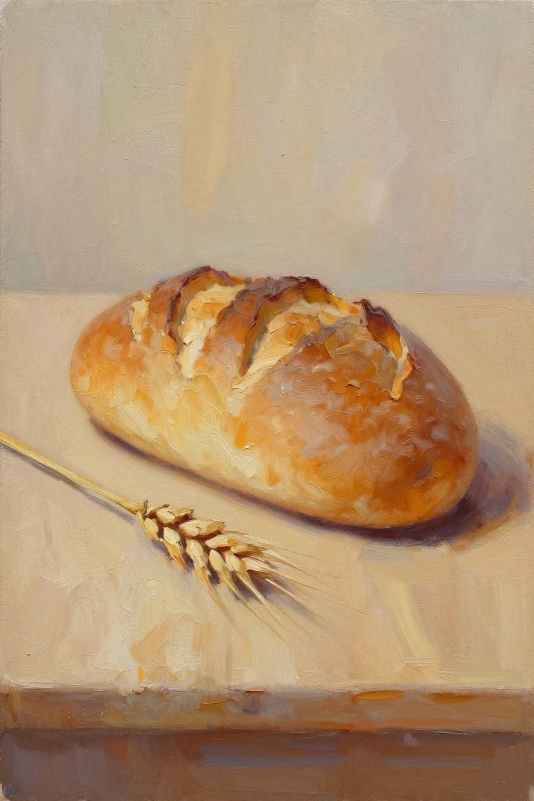 Oil painting of a golden-brown loaf of bread with slashes on top, placed on a beige table next to a single stalk of wheat.