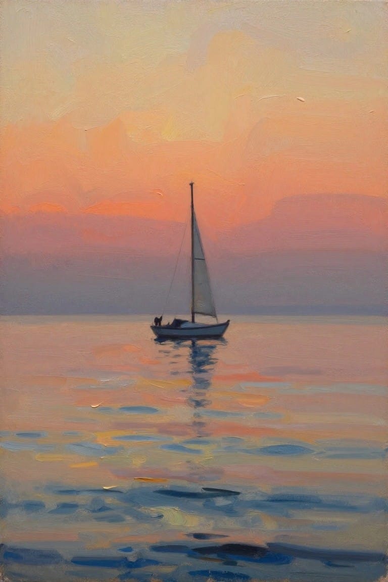 Oil painting of a white sailboat on calm water under a sunset sky, with the boat and colors reflected below.