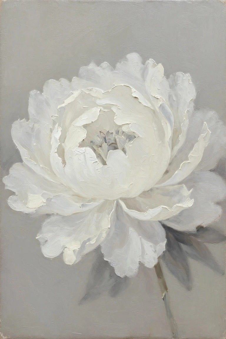 Oil painting of a single white peony bloom with textured petals, green stem, and leaves on a soft gray background.