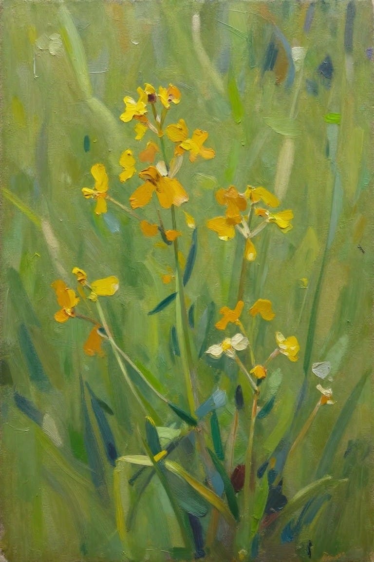 Oil painting of yellow flowers on stems amid green grasses with loose, textured brushwork.