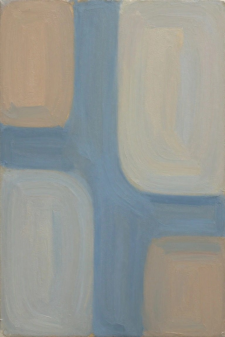 Abstract oil painting featuring soft-edged beige, blue, white, and gray organic shapes overlapping in a vertical cross-like composition.