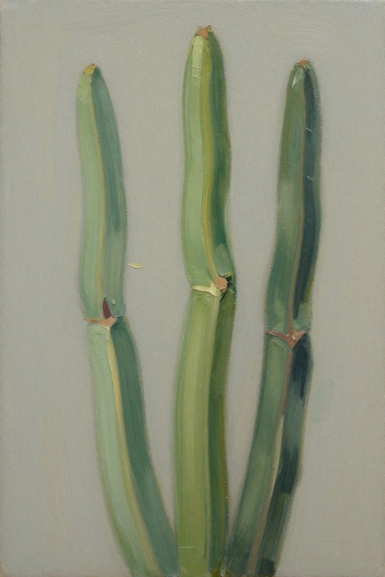 Oil painting of three tall green cacti with subtle color variations on a light gray background.