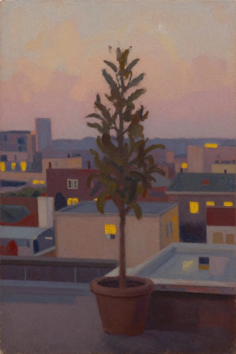 Oil painting of a potted tree on a rooftop overlooking rooftops and buildings with lit windows at dusk.
