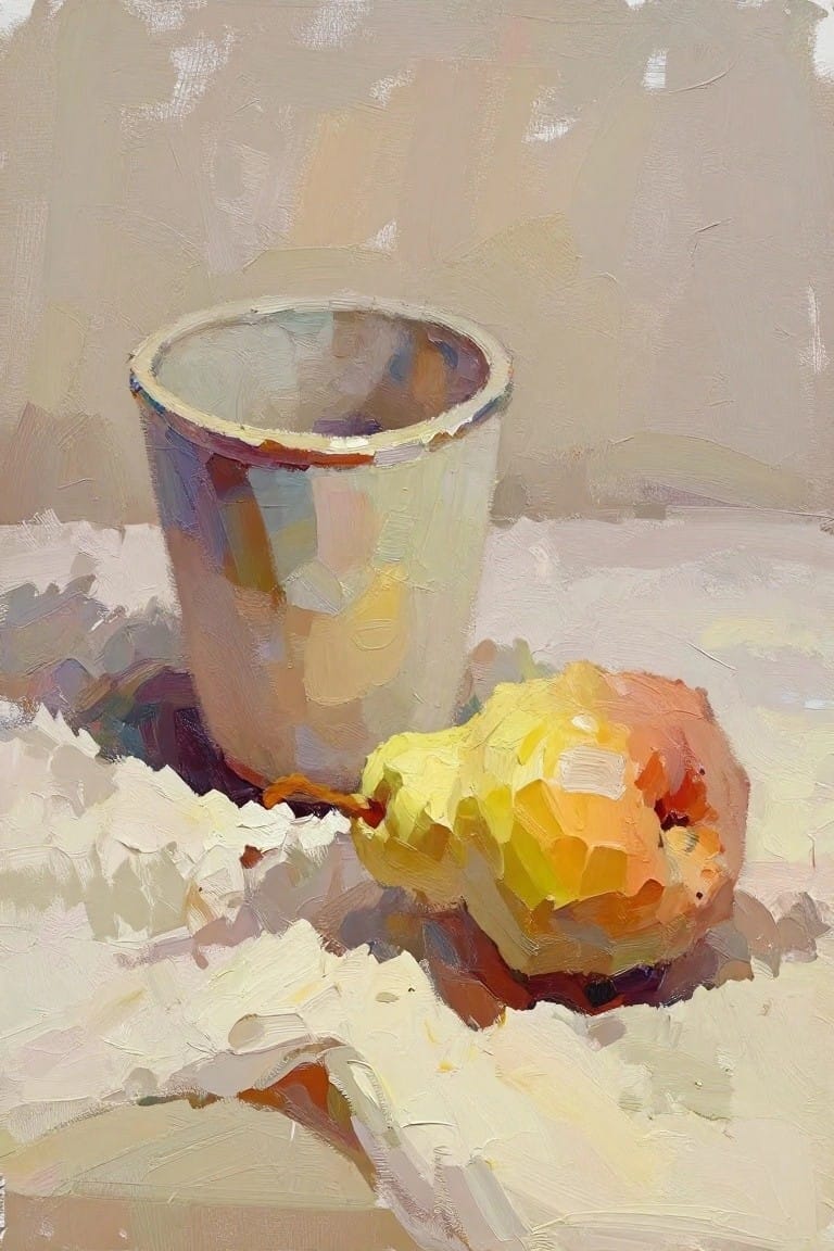 Oil painting of a white cup next to a yellow-orange peach on a white draped cloth with soft shadows.