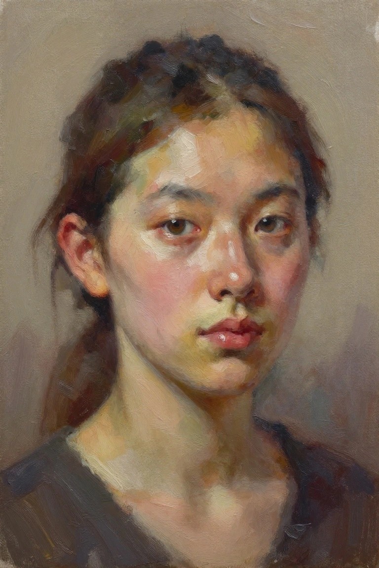Oil portrait of a young East Asian woman with dark hair in a ponytail, wearing a dark top, against a neutral background.