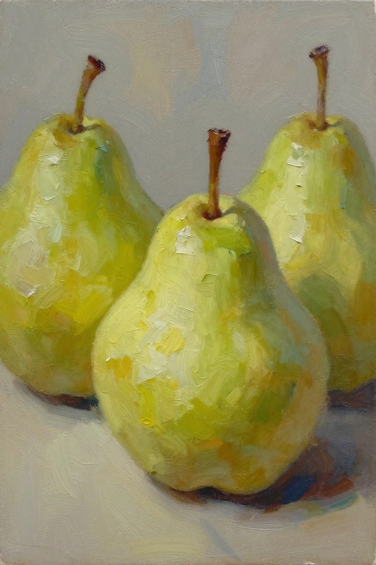 Oil painting of three textured green pears clustered on a neutral background with subtle shadows.