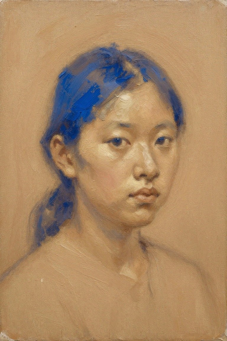 Oil portrait of young East Asian woman with blue ponytail, neutral expression, beige background.