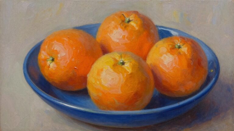 20 Brilliant Oil Painting Color Mixing Ideas for Richer Artwork Oil painting of oranges clustered around a blue vase and bowl on a neutral table.