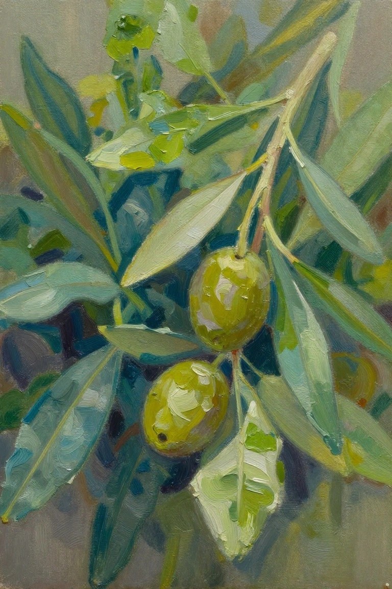 Oil painting of green unripe olives hanging from branches with silvery-green leaves on a neutral background.