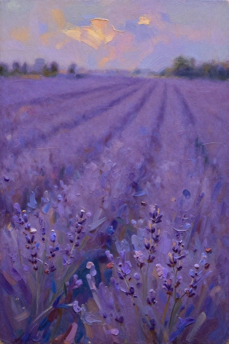 Oil painting of purple lavender fields in rows under a twilight sky with orange and yellow clouds and distant trees.