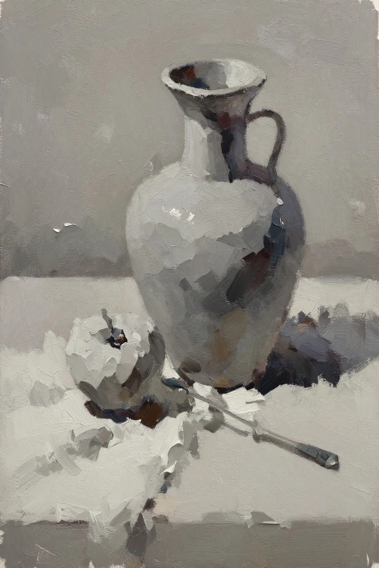 Grayscale oil painting of a white handled vase next to an apple-like fruit and spoon on white cloth with soft shadows.