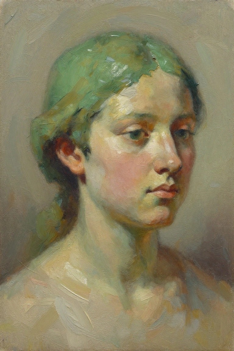 Oil portrait of a young woman with green hair in a ponytail, facing slightly left in three-quarter view on a muted background.