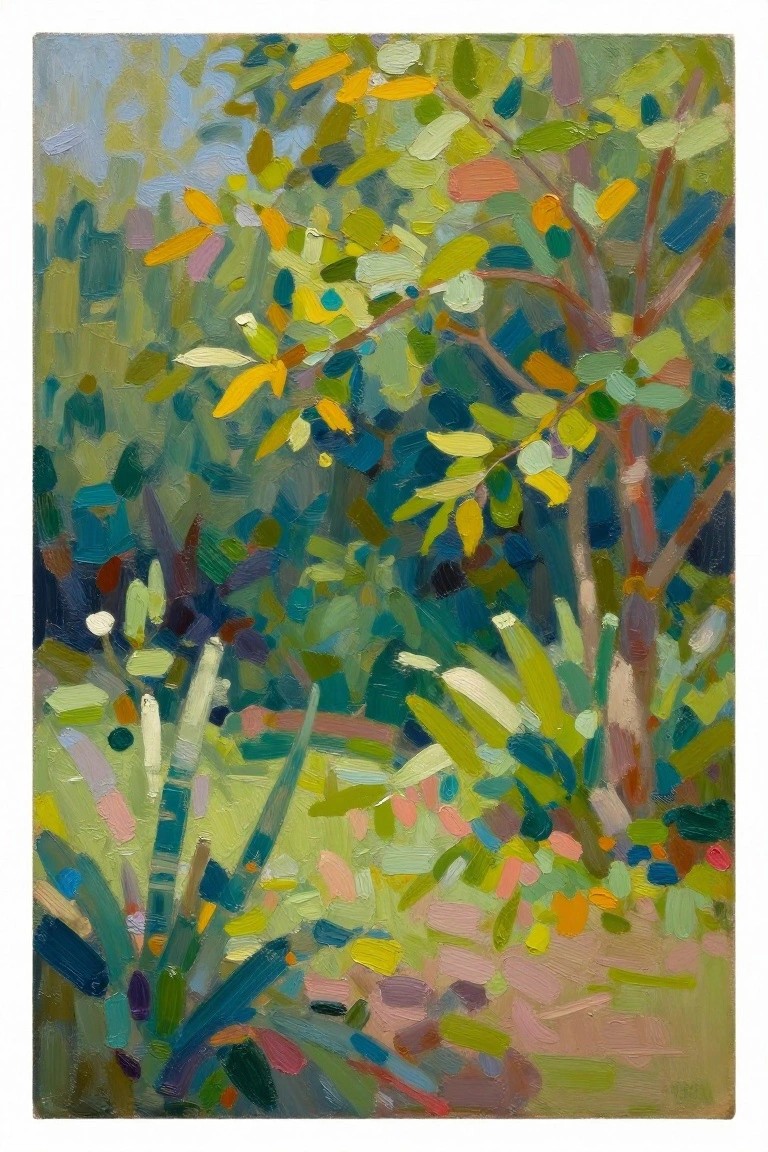 Oil painting of lush green and yellow garden foliage with trees, spiky plants, and earthy ground.