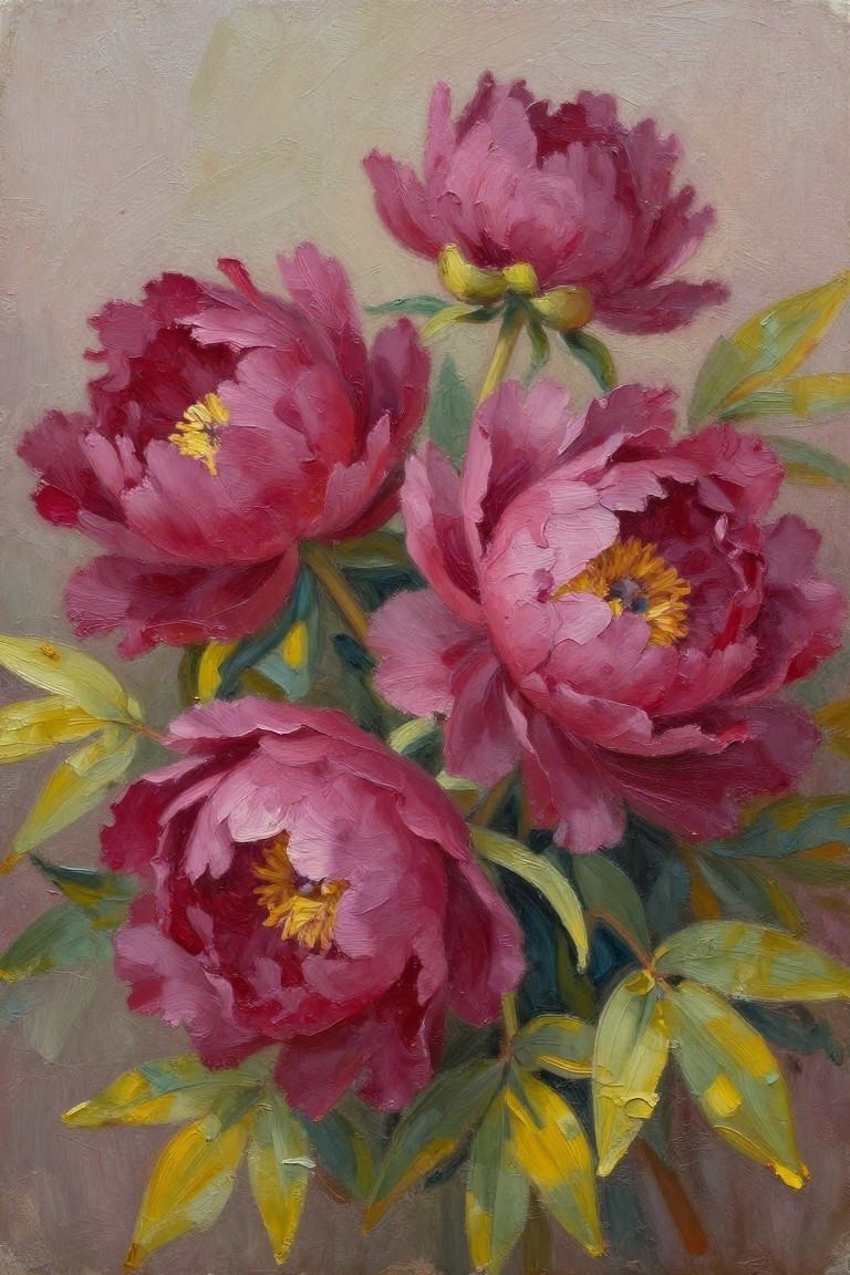 Oil painting of clustered pink peonies with yellow centers and pale green leaves on a soft beige background.