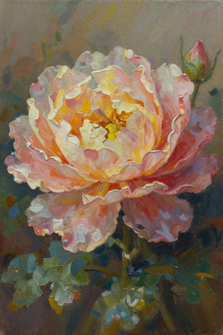 Oil painting of a large pink-orange peony bloom with yellow center, red bud, and green leaves on a muted grayish background.