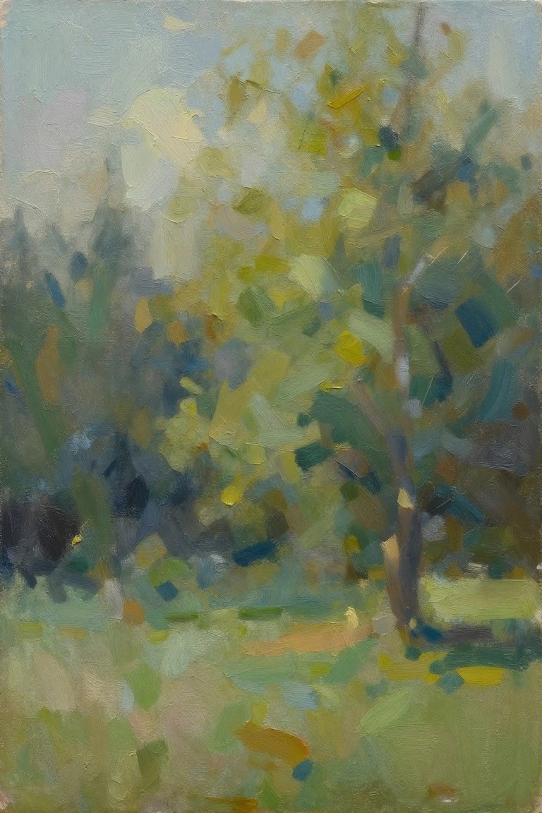 Oil painting of a central tree with yellow-green leaves against darker green background trees, pale sky above, and green grass below.