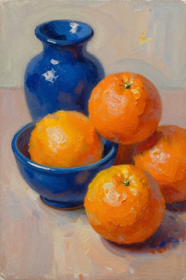 Oil painting of oranges clustered around a blue vase and bowl on a neutral table.