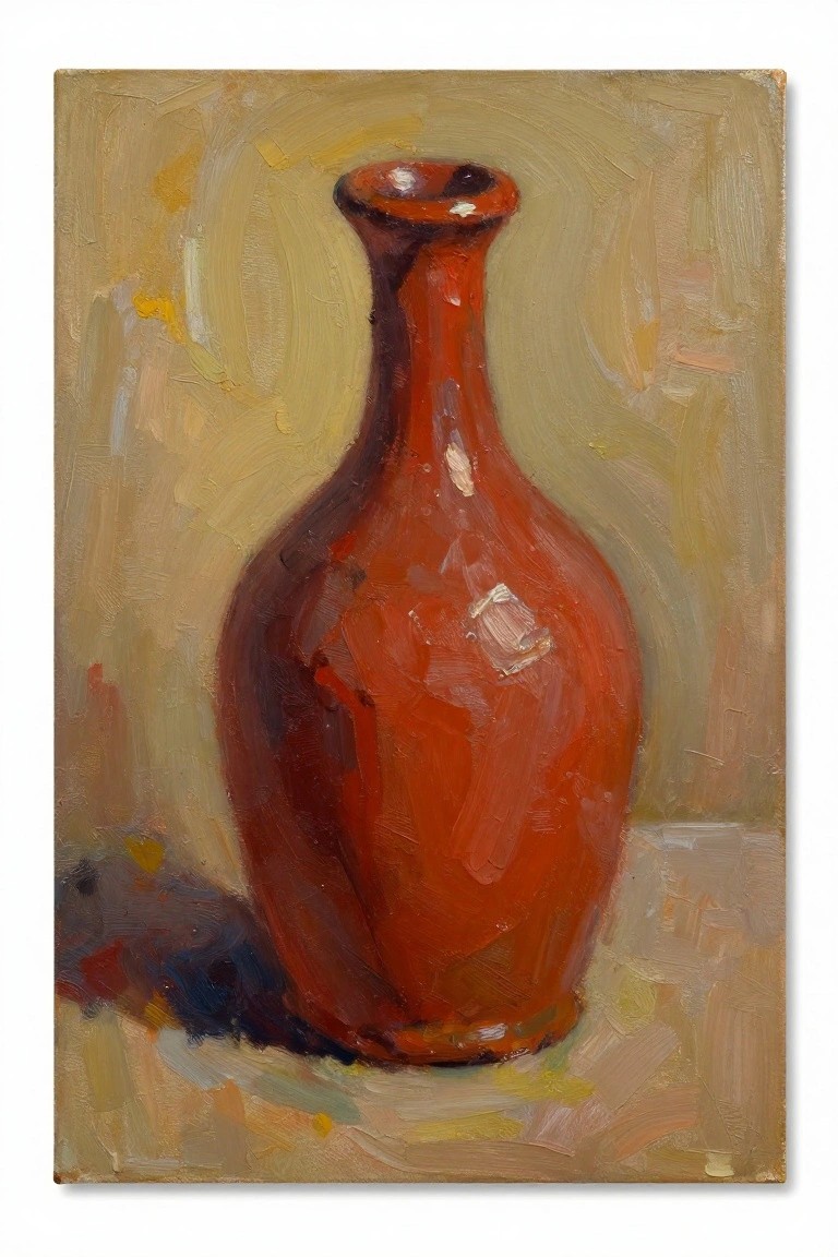 Oil painting of a tall red vase on a beige surface against a textured yellow-ochre background.