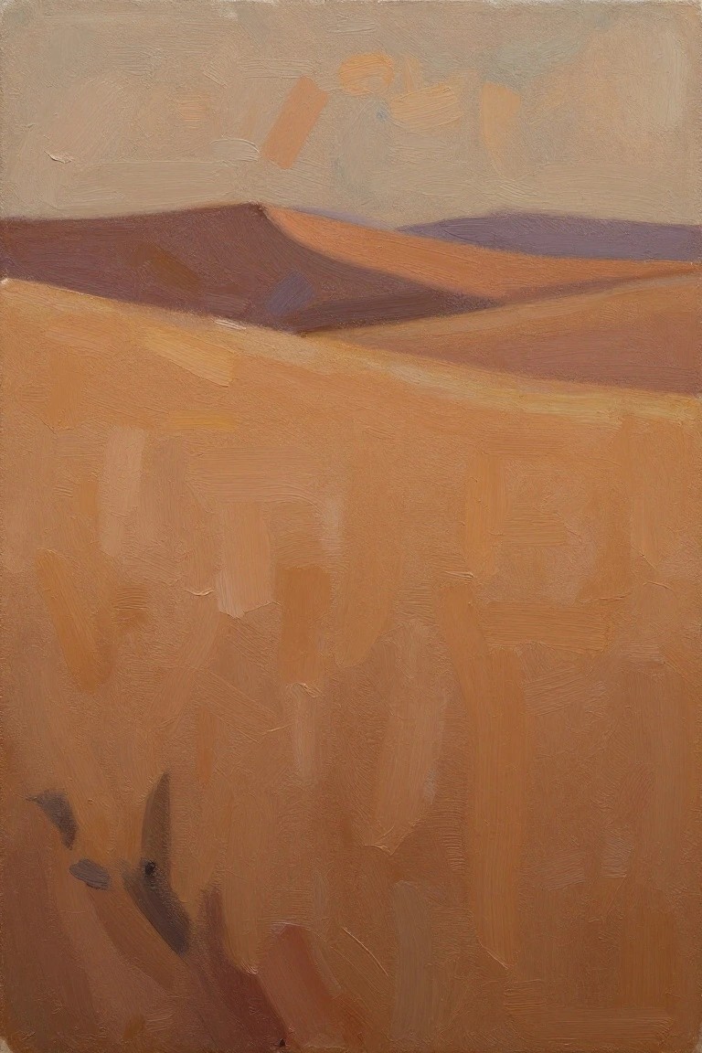 Oil painting of undulating beige and orange sand dunes with distant purple hills under a pale cloudy sky.