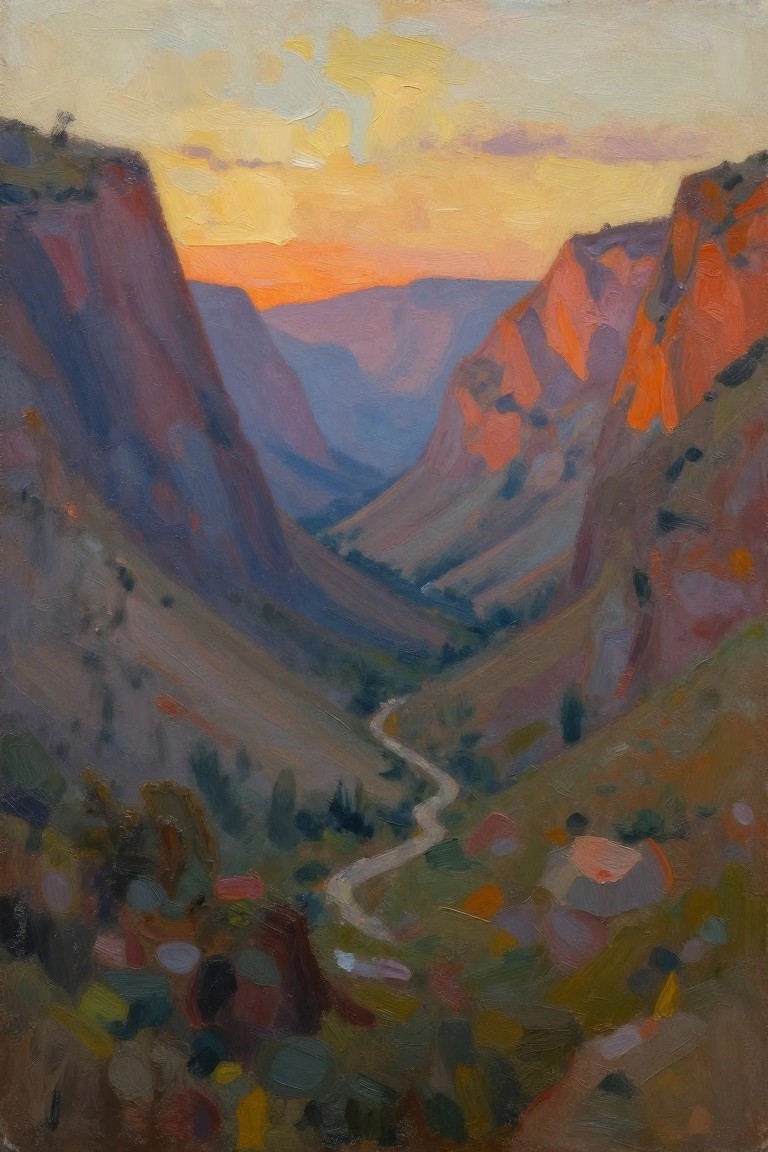 Oil painting of tall red rock cliffs framing a deep valley at sunset, with a winding path along the green floor and scattered trees.
