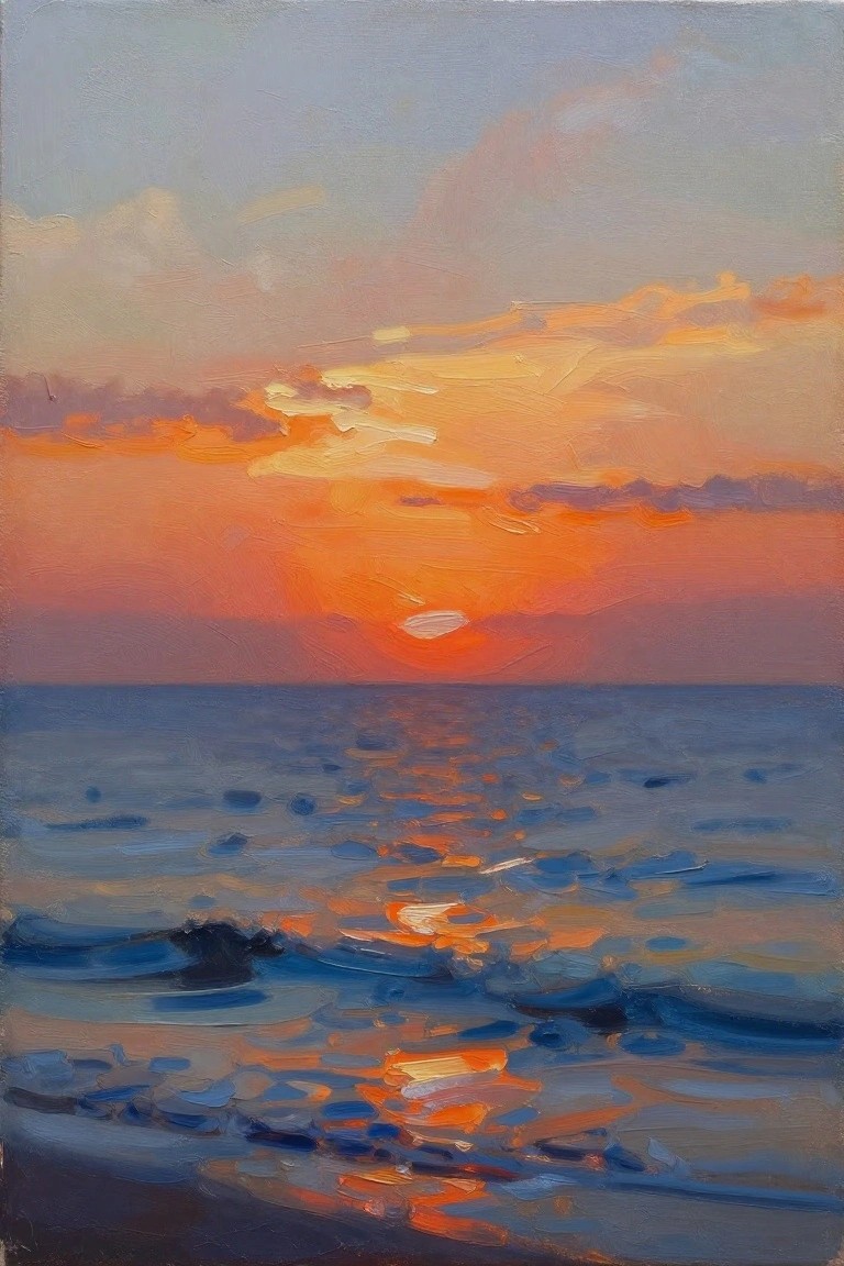 Vertical oil painting of an orange sunset sun half below the horizon over blue ocean waves with colorful sky reflections on the water.