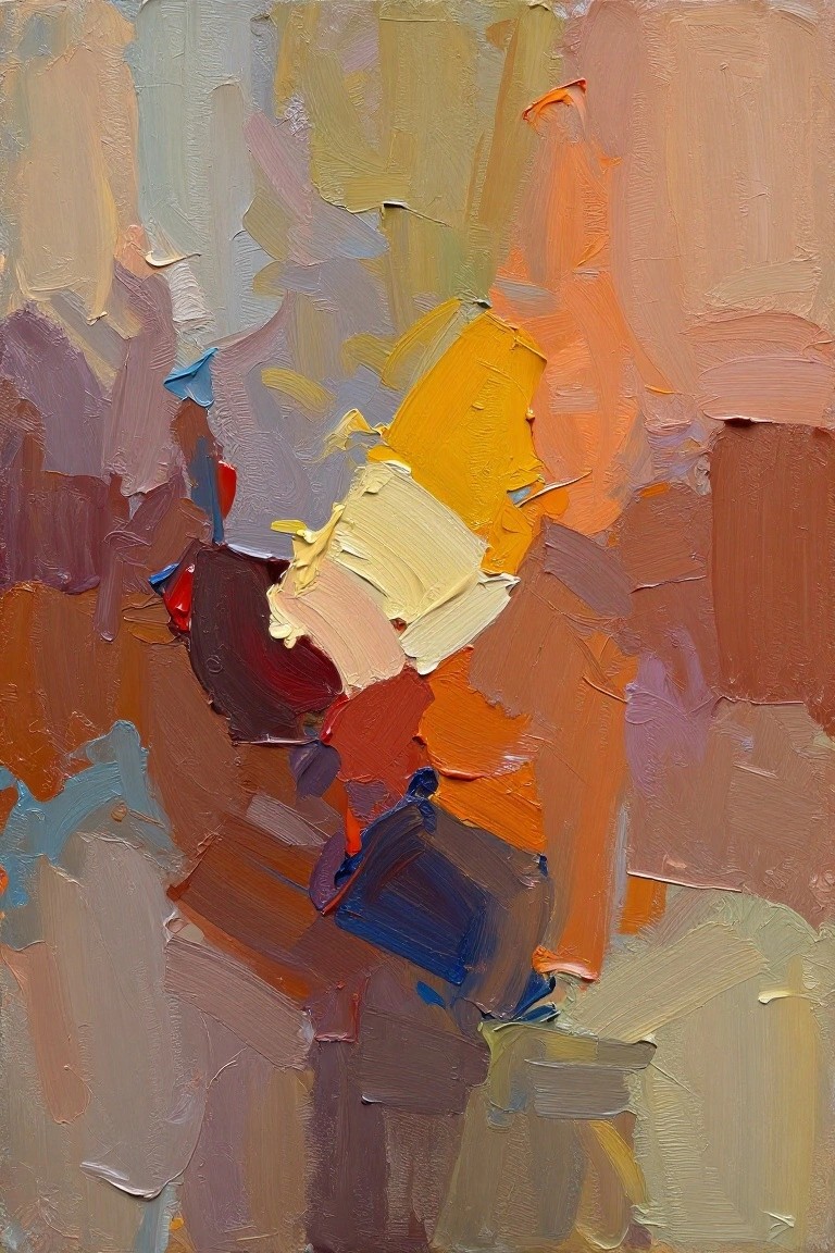 Abstract oil painting featuring layered, textured brushstrokes in warm oranges, yellows, reds, and cool grays, blues, purples.