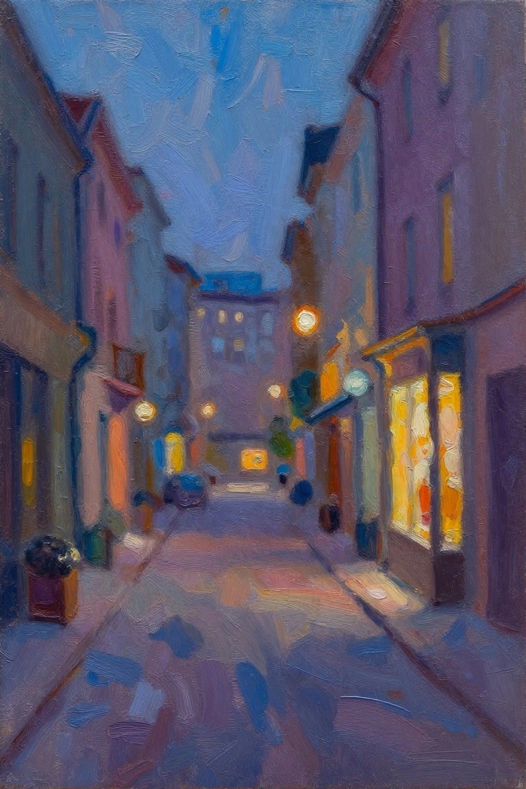 Oil painting of a narrow twilight street lined with lit shops, lamps, and purple-pink buildings leading to a distant structure.