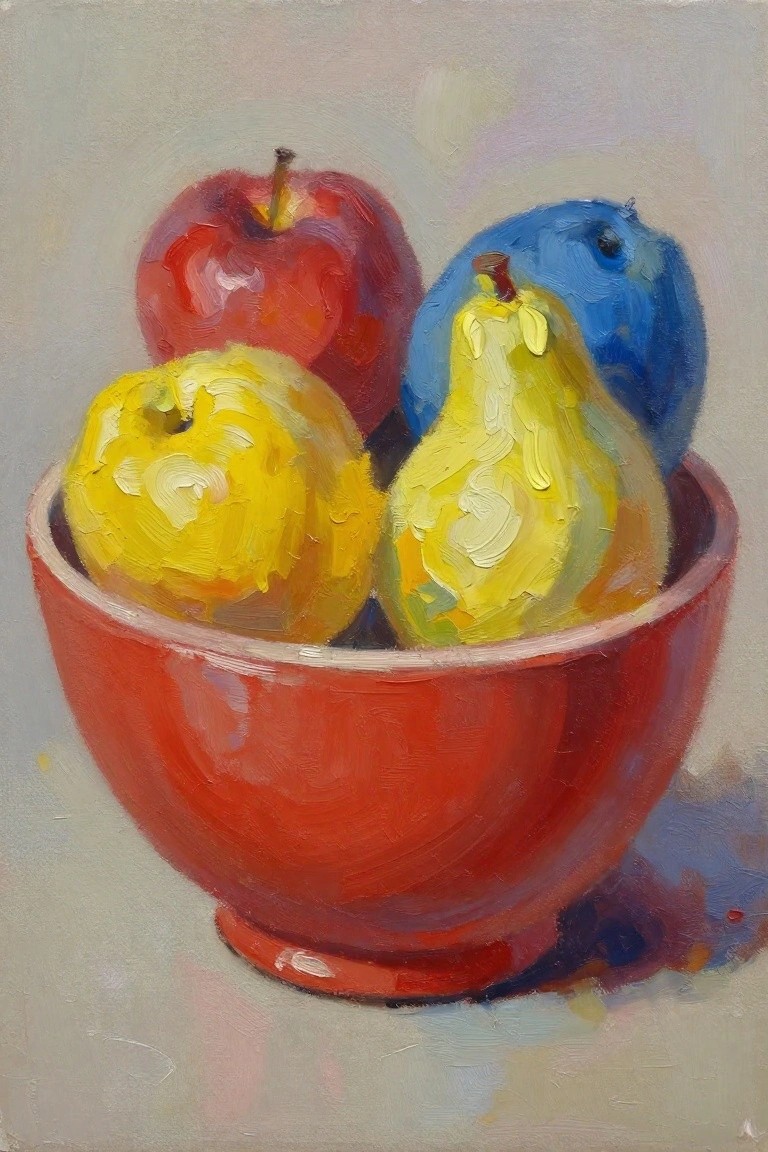 Oil painting of a red apple, yellow apple, yellow pear, and blue pear in a red bowl against a neutral background.
